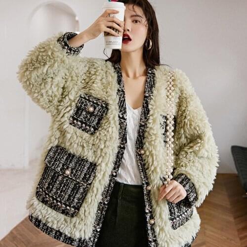 Winter Women High Quality faux lambswool Fur OverCoats Luxury short casual Thick Warm Plus Size female 2019 beige tweed