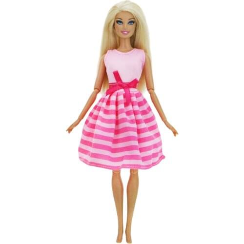 Handmade 1 Set Cute Fashion Pink Dress Mini Gown Stripes Pattern Bowknot Outfit Clothes For Barbie Doll Accessories Girls Toy