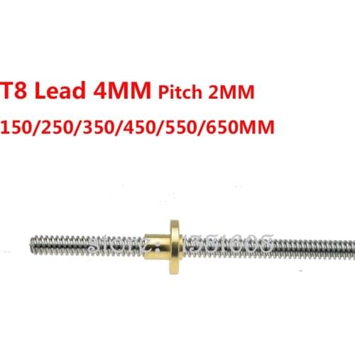 1set T8 Lead Screw Pitch 2mm Lead 4mm Length 150MM 250MM 350MM 450MM 550MM 650MM with Nut for 3D Printer