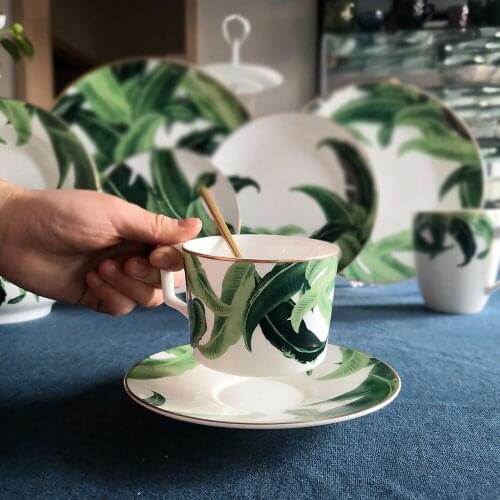 Plant Flower Tea Set Banana Leaf Coffee Cup Plate Set Bone China Ceramic Cup