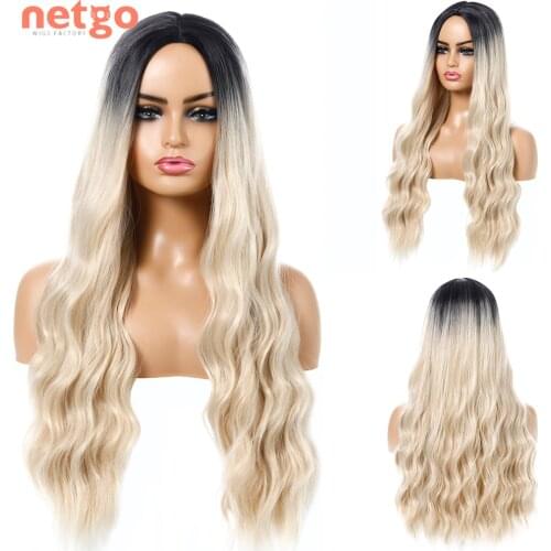 Netgo Long Wavy Synthetic Wig Ombre Platinum Natural Middle Part Wigs Heat Resistant Cosplay Wig for Women Daily Wear Party