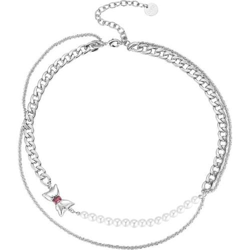 Double-decorative chain bow knot necklace choker multi-layered necklace pendant