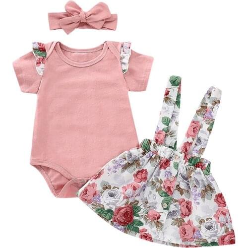 Focusnorm New Fashion 3PCS Infants Baby Girls Summer Pink Tops Romper Floral Skirt Outfits Set Clothes