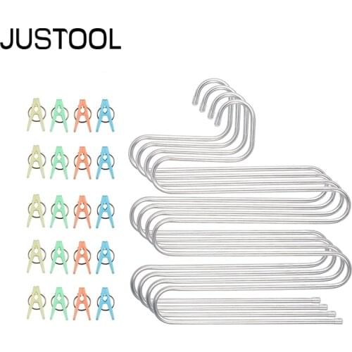 JUSTOOL 4 Stainless Steel Pant Rack Hangers With 20pcs Clip for Clothe Organizer Multi function Shelves Closet Storage Organizer