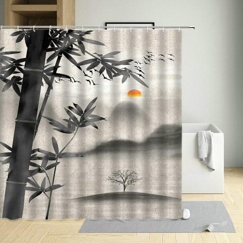 Chinese Landscape Shower Curtain Bamboo Plants Lake Ink Art Bathroom Bathtub Home Decor With Hook Hanging Waterproof Curtains