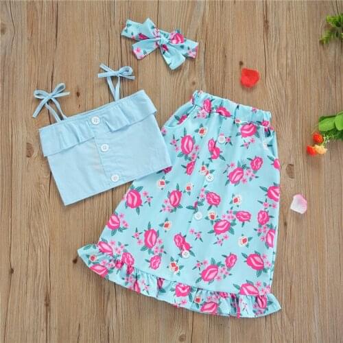 3 Piece Toddler Girls Summer Clothes Set Sleeveless Self-Tie Strap Tank Tops + Floral Midi Skirt + Headband Set for 1-6 Years