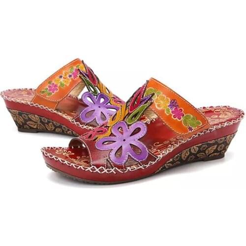 Summer New Ladies Slippers Ethnic Style Woman Slippers Sweet Flowers Middle Heel and Wedges Leather
