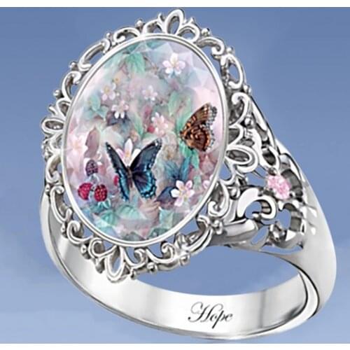 Fashion Boho Silver Plated Hollow Flower Rings for Women Mothers Gift Butterfly Pattern Creative Design Finger Ring Jewelry