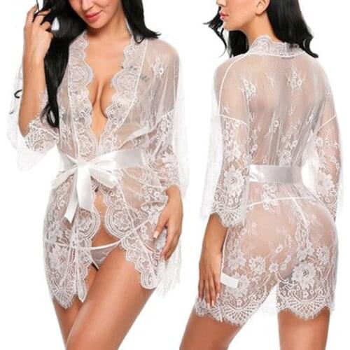Fashion Lingerie transparent V-Neck Nightwear Porno Sexy Women Lace Babydoll Erotic Sleepwear Robe G-string Sex Costume Hot Sale