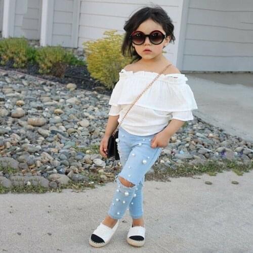 Fashion Summer Cool Baby Girls Beading Denim Pants Toddler Infant High Waist Hole Destroyed Long Pants Trousers Casual Outwear