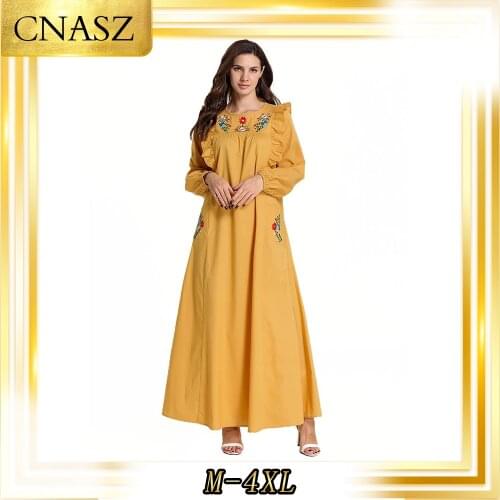 Muslim Dress Large Size Comfortable Abaya Dubai Fashion Autumn Embroidered Long-Sleeved Musulman Casual Dress