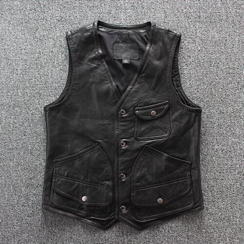2020 New Sheep Mens Motorcycle Rider Short Slim Street Vest Male Brand Vintage Genuine Leather Sleeveless Jacket