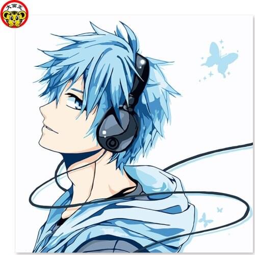 Painting by numbers art paint by number Kurokos basketball, blue color hair, wearing headphones, listening to music, DIY