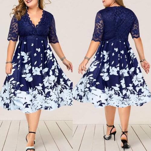 2021 new Womens Plus Size dress Evening Party dresses Summer Fashion Patchwork Flower Large Size Dress Sexy Lace Elegant Dress
