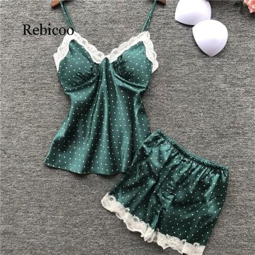 Printing Polka Dot Spaghetti Strap With Chest Pad Women Pajamas V-Neck Sexy Lace Female Lingerie