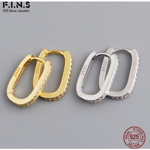 F.I.N.S Geometric Real 925 Sterling Silver Hoop Earrings with Cubic Zirconia Simple Oval Hypoallergenic Silver 925 Fine Jewelry