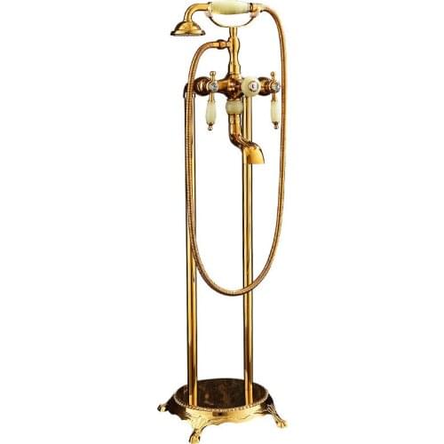 Bathroom Bathtub Faucets Gold Brass Bath Shower Faucets Hot & Cold Mixer Taps With Jade Handheld Shower Floor Standing Style