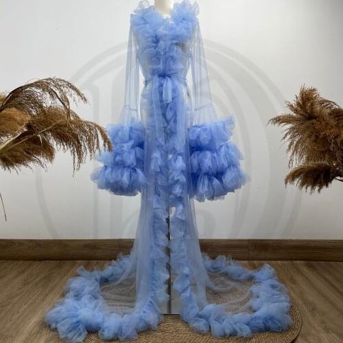 Tulle Robe Photo Shoot Long Bell Sleeves Floral Edge Dress Pregnant Voile Gown for Maternity Photography Prop Baby Shower Gift