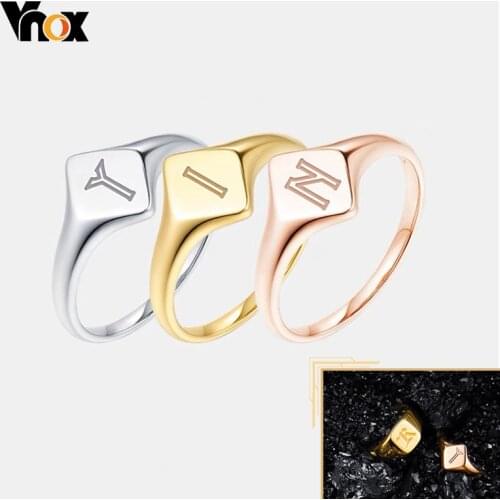 Vnox Custom Engrave Signet Rings for Women, Chic Geometric Female Finger Bands Accessory, Anti Allergy Stainless Steel Jewelry