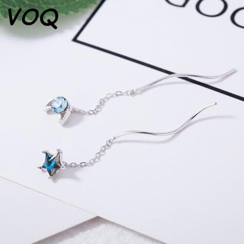 VOQ 925 Sterling Silver Asymmetric Star and Moon Earrings Womens Temperament Long Tassel Inlaid Zircon Jewelry Gift