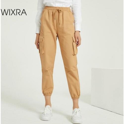 Wixra New Solid Casual Womens Cargo Pants High Waist Pockets 2020 Summer Ladies Cool Trousers Spring Autumn