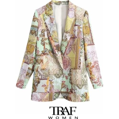 TRAF Za Women Fashion With Pockets Printed Blazer Coat Vintage Long Sleeve Female Outerwear Chic Veste Femme