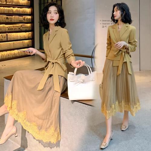 Women blazer skirt set plus size women Net Lace skirt suits office lady suit lady uniform Formal skirt suits jacket 2 piece set