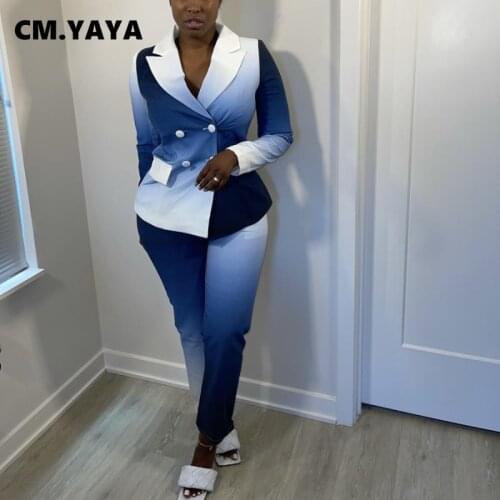 CM.YAYA Women Set Gradient Color Full Sleeve Double Breasted Blazers Tops Pencil Pants Two 2 Piece Set Office Lady Outfit Summer