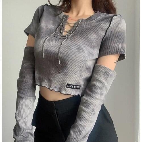 Black gothic tie dye long sleeve crop tops women harajuku vintage casual sexy streetwear aesthetic elegant bodycon t shirt 2021