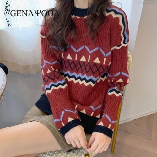 Genayooa Winter Christmas Sweater Women Vintage Long Sleeve O Neck Sweater Women Patchwork Loose Ladies Jumpers Korean Fashion
