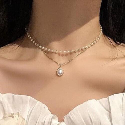 Korean Pearl Choker Necklace for Women Double Layer Pendant Necklaces Fashion Chain Sweet Accessories Party Jewelry Gift