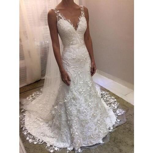 2021 Lace Wedding Dress Mermaid Elegant Appliqued V-neck Zipper Back Cheap Wedding Gown Vestido De Novia