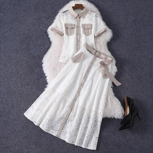 2021 Fashion Designer Summer Skirt Set Women Lace Short Sleeve Top+White High Waist with Belt Two Pieces Set