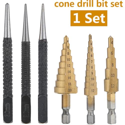 3pc Titanium Coated Hex Core Drill Bits Hss Step Drill Bit with 3pc Center Drill Cone Hole Cutter Taper Metric 4-12/20mm 3-12mm