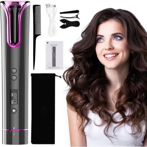 Automatic Curling Iron Wireless Portable Rechargeable Hair Curler Roller Quick Heating with LED Display for Home Travel Trip