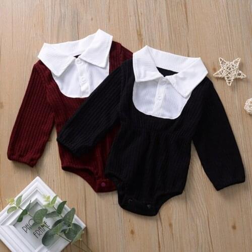 Infant and Toddler Baby Boy Autumn long sleeve Bodysuit turn-down collar Plain color fashion romper RM19066