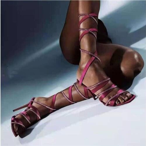 Bling Crystal Rhinestone Sexy Sandals Women Summer Ankle Lace-Up Open Toe Thin High Heel Sandals Wedding Dress Shoes