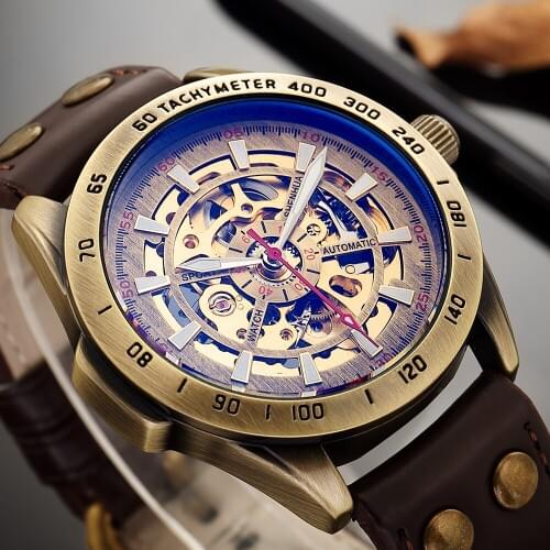 Retro Bronze Skeleton Automatic Watch Men SHENHUA Mechanical Wristwatch Steampunk Self Winding Leather Clock Relogio Masculino