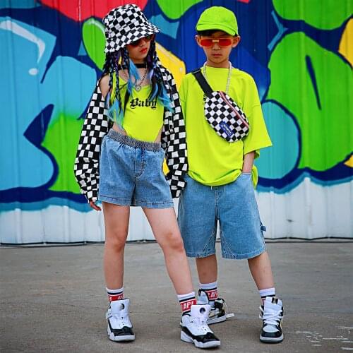 Children Hip Hop Dance Clothing For Kids Boys Fluorescent Green Suit Jazz Performance Costumes Girls Modern Dance Wear DQS7266