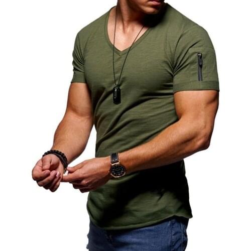 Men Solid Color Zip Pocket V Neck Short Sleeve T-shirt Fit Plus Size Tee Top
