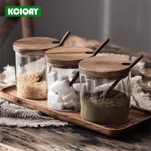 Acacia Wood Base Spice Jars Set Airtight Glass Jar Kitchen Seasoning Box Storage Container With Spoon For Salt Sugar Pepper