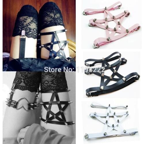 Punk Satan Star Leather Garters Spikes Handmade Harajuku Gothic Pentagram Pentacle Thigh Loop Harness Suspenders