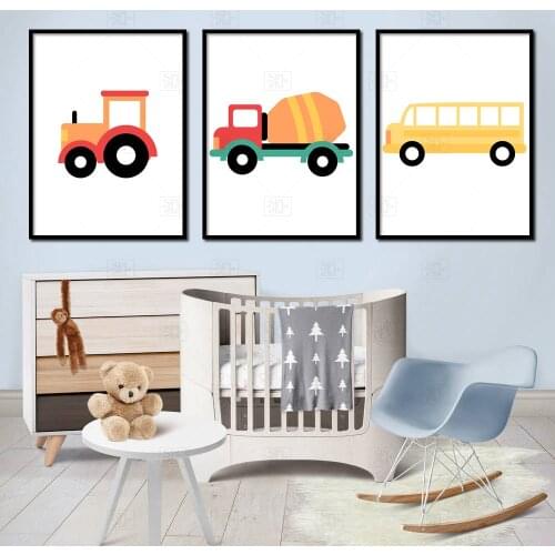 Lovely School Bus Truck Bulldozer Car Nordic Posters And Prints Wall Art Canvas Painting Wall Pictures Baby Kids Room Decor