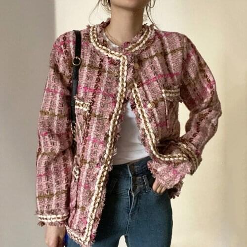 Japanese simple plaid high-quality jacket Female retro temperament round neck Exquisite Ladies Jacket tweed short jacket Women