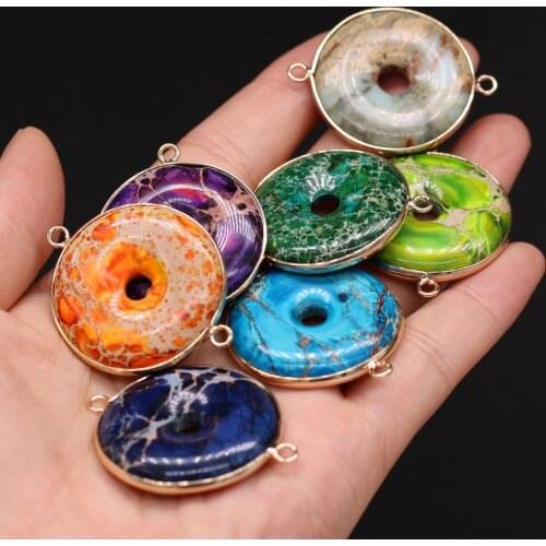 Natural Semi-precious Stone Pendant Circular Gilded Edge Emperor Stone for Jewelry Making Necklaces Gift