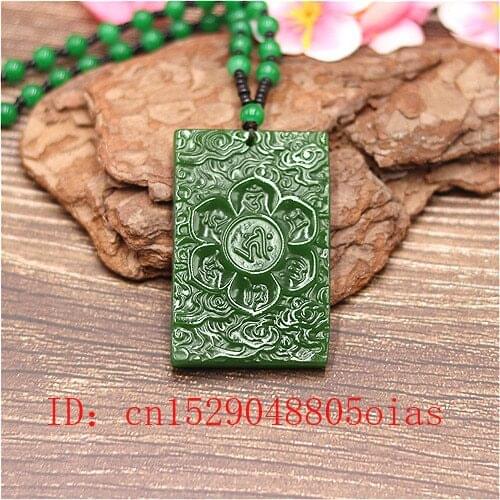 Natural Green Chinese Jade Buddhist Mantra Pendant Beads Necklace Fashion Charm Jadeite Jewelry Carved Amulet Gifts for Women