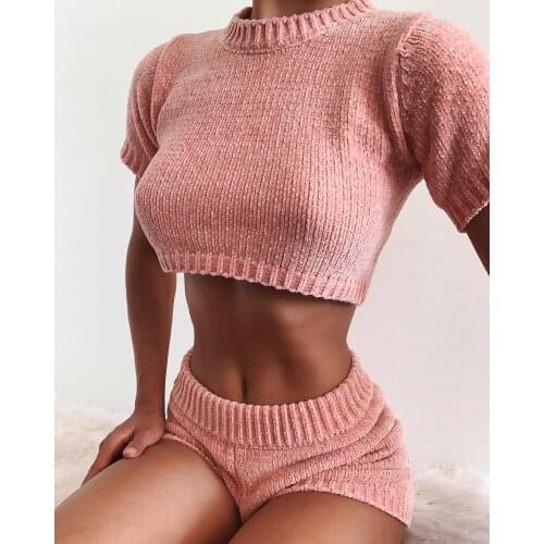 Sexy Women Knit Running Sets Summer Solid 2Pieces Short Sleeve Tees Crop Top+Shorts Female Lounge Wear Suit Tracksuit Set