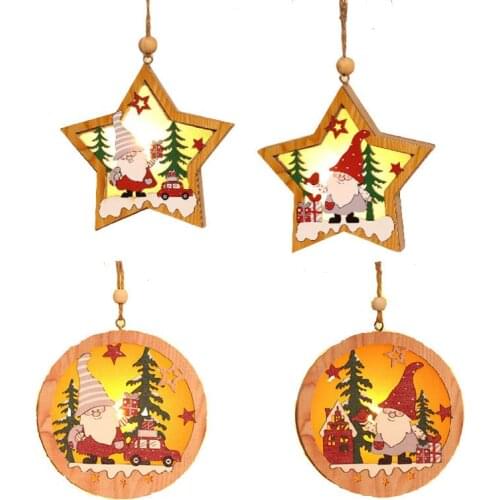 Holiday Night Lights Christmas Lights Forest Old Man Wooden Luminous Pendant Christmas Tree Ornaments Round Five-pointed Star