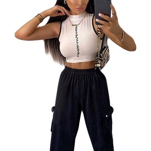 Sexy Summer Womens Stretchy Tanks Tops Trendy Mock Neck Sleeveless Letter Print Slim Fit Crop Camisole