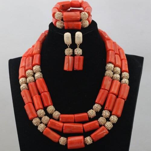 Fabulous Big Coral Bead African Nigerian Wedding Jewelry Set Gold Accessories Bridal Coral Statement Jewelry Set Hot CNR585